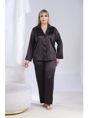 Coccolarsi Nobiltà Segreta Acı Kahve Saten Uzun Pijama Takımı (Büyük Beden)