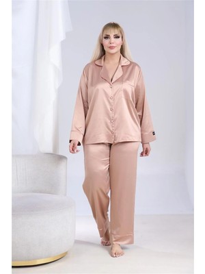 Coccolarsi Nobiltà Segreta Bej Saten Uzun Pijama Takımı (Büyük Beden)