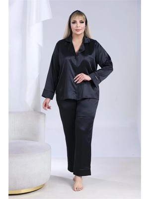 Coccolarsi Nobiltà Segreta Siyah Saten Uzun Pijama Takımı (Büyük Beden)