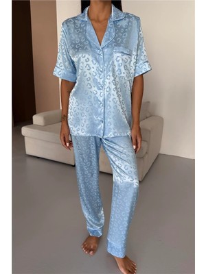 Coccolarsi Tigre Affascinante Bebe Mavisi Jakarlı Saten Kısa Kol Pantolon Pijama Takımı
