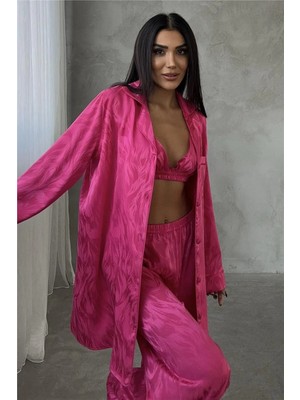 Coccolarsi Sussurro Ardente Fuşya Jakarlı Saten Uzun Üçlü Pijama Takımı