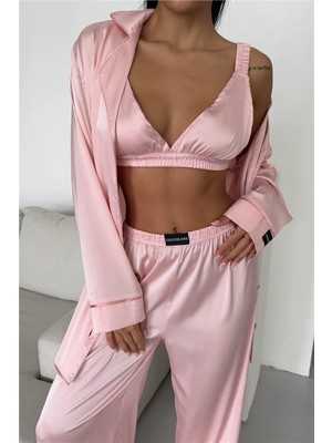 Coccolarsi Vento Della Notte Pudra Saten Uzun Üçlü Pijama Takımı