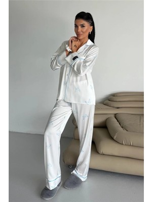 Coccolarsi Farfalle Blu Saten Uzun Pijama Takımı