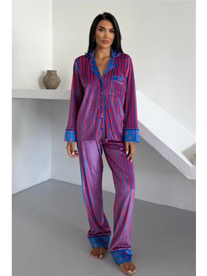 Coccolarsi Mix Retrò Saks Kırmızı Kadife Uzun Pijama Takımı