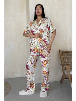 Coccolarsi Motivi Etnici Beyaz Viskon Kısa Kol Pantolon Pijama Takımı