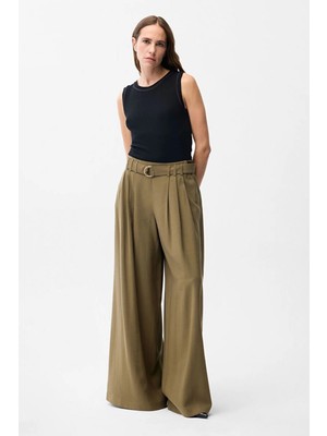 adL Pileli Geniş Paça Pantolon Haki 15346254000