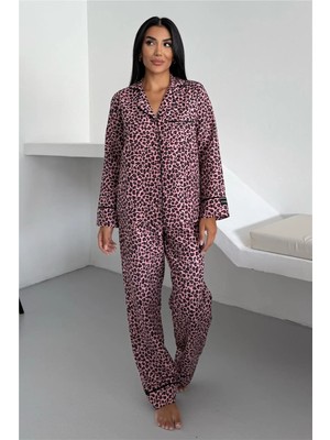 Coccolarsi Leopar Selvaggio Pudra Pembesi Uzun Pijama Takımı