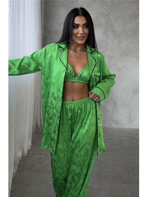 Coccolarsi Sussurro Ardente Yeşil Jakarlı Saten Uzun Üçlü Pijama Takımı