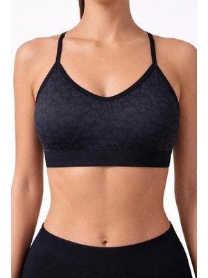 Adeniz Kadın Siyah Leopar Desen Çapraz Ince Ip Askılı Destekli Spor Sütyeni