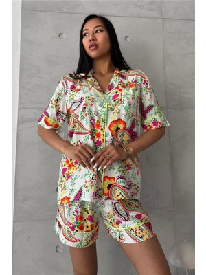 Coccolarsi Motivi Etnici Beyaz Viskon Kısa Pijama Takımı