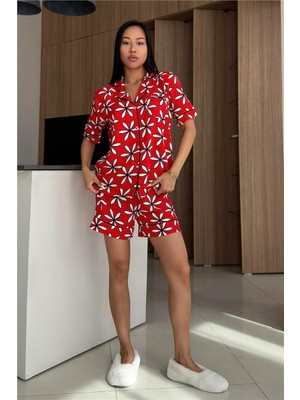 Coccolarsi L'ınnocenza Della Margherita Kırmızı Viskon Kısa Pijama Takımı