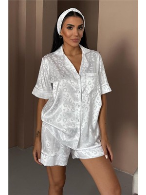Coccolarsi Tigre Affascinante Beyaz Jakarlı Saten Kısa Pijama Takımı