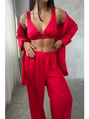 Coccolarsi Vento Della Notte Kırmızı Saten Uzun Üçlü Pijama Takımı
