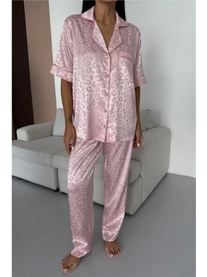 Coccolarsi Tigre Affascinante Pudra Pembesi Jakarlı Saten Kısa Kol Pantolon Pijama Takımı