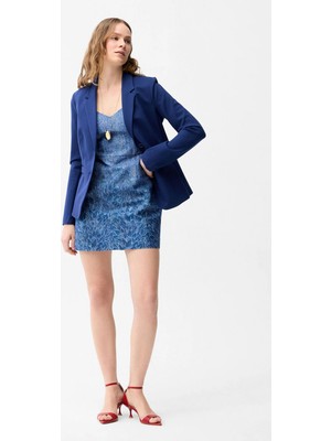 Love My Body Desenli Denim Görünümlü Mini Elbise Lacivert 124L9712001