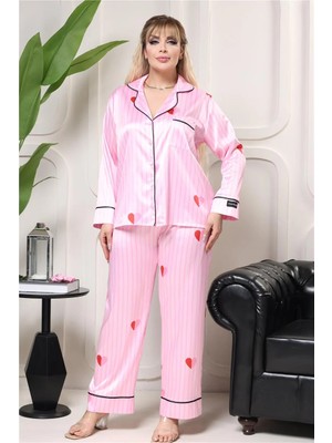 Coccolarsi Incanto Rosa Saten Uzun Pijama Takımı (Geniş Beden Aralığı)