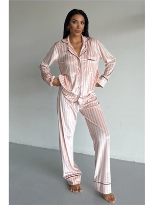Coccolarsi Strisce Rosa Chiaro Bianco Kadife Uzun Pijama Takımı