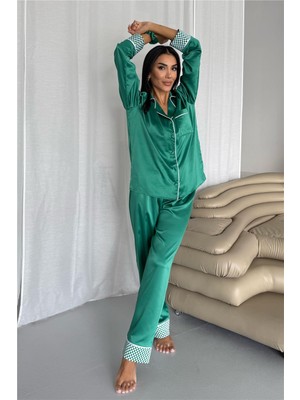 Coccolarsi Liscio E Quadri Zümrüt Yeşili Saten Uzun Pijama Takımı