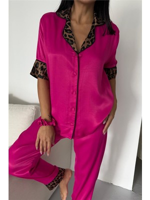 Coccolarsi Pardo Perfetto Fuşya Floş Saten Kısa Kol Pantolon Pijama Takımı