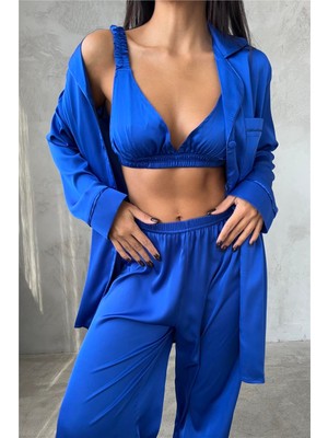 Coccolarsi Vento Della Notte Saks Mavisi Saten Uzun Üçlü Pijama Takımı