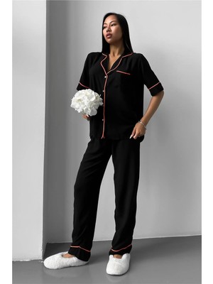 Coccolarsi Sonno Luce Siyah Viskon Kısa Kol Pantolon Pijama Takımı