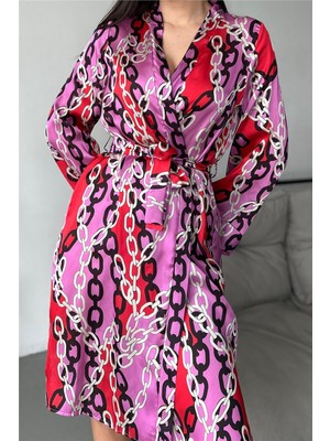 Coccolarsi Mor Zincirler Desen Baskılı Belden Bağlama Saten Kimono / Sabahlık
