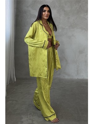 Coccolarsi Sussurro Ardente Yağ Yeşili Jakarlı Saten Uzun Üçlü Pijama Takımı