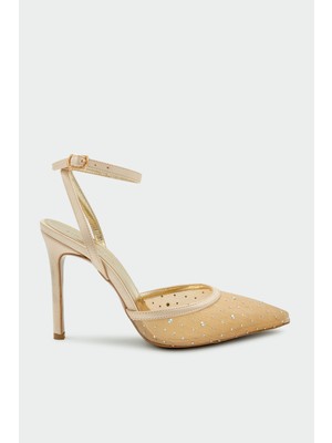 Laminta Ripple Taşlı Kadın Gold Topuklu Ayakkabı