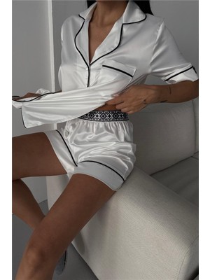 Coccolarsi Silenzio Della Notte Beyaz Saten Kısa Lastik Bel Pijama Takımı