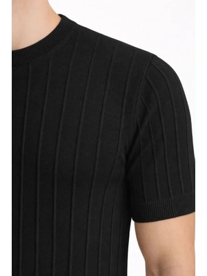 Beruflic Erkek Yazlık Fitilli Triko Tişört Kısa Kol Bisiklet Yaka T-Shirt - Siyah