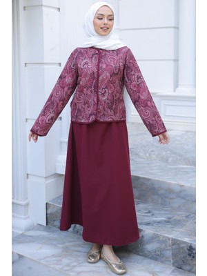 İmaj Butik Bordo Etnik Desenli Ceket Etekli Takım