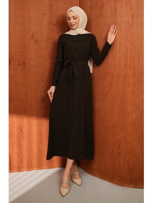 İmaj Butik Kahverengi Yaka Güpürlü Kuşaklı Elbise