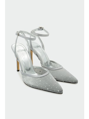 Laminta Ripple Taşlı Kadın Silver Topuklu Ayakkabı