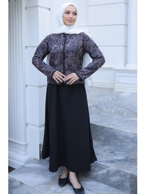 İmaj Butik Siyah Etnik Desenli Ceket Etekli Takım