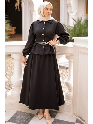 İmaj Butik Siyah Bel Pens Dikişli Dabıl Gömlek Etekli Takım