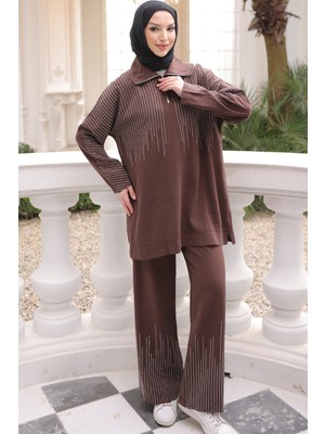 İmaj Butik Kahverengi Yaka Fermuarlı Taş Detaylı Tunik Pantolonlu Takım