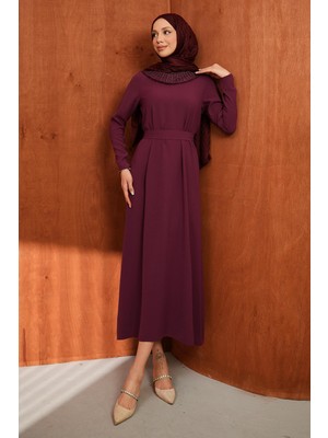 İmaj Butik Mürdüm Yaka Güpürlü Kuşaklı Elbise