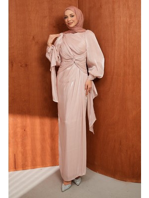 İmaj Butik Pudra Ön Detaylı Şifon Abiye