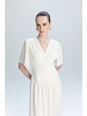 Kameya Drapeli V Yaka Uzun Elbise