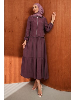 İmaj Butik Mürdüm Fermuarlı Ceket Eteği Katlı Jile Takım