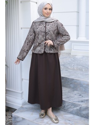 İmaj Butik Kahverengi Etnik Desenli Ceket Etekli Takım