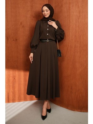 İmaj Butik Kahverengi Düğmeli Kemerli Gömlek Etekli Takım