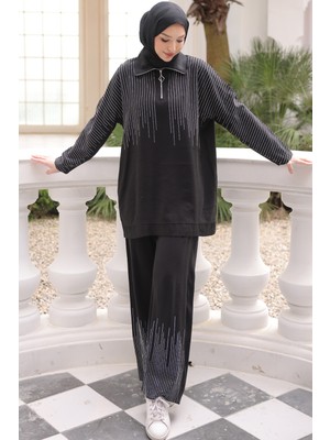 İmaj Butik Siyah Yaka Fermuarlı Taş Detaylı Tunik Pantolonlu Takım