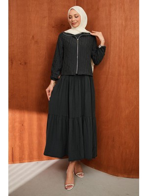 İmaj Butik Antrasit Fermuarlı Ceket Eteği Katlı Jile Takım