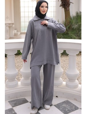 İmaj Butik Gri Yaka Fermuarlı Taş Detaylı Tunik Pantolonlu Takım
