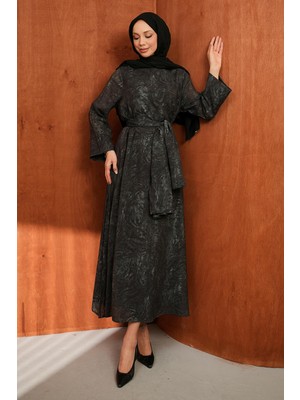 İmaj Butik Antrasit Şallı Desenli Elbise