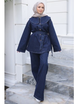 İmaj Butik Koyu Mavi Düğmeli Mendil Yaka Ceket Pantolonlu Takım