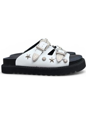 Degischic Beyaz Deri Trok Aksesuar Terlik