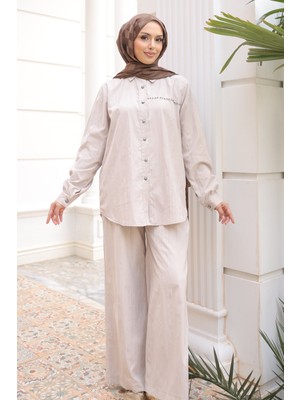 İmaj Butik Taş Önü Taş Detaylı Düğmeli Tunik Pantolonlu Takım