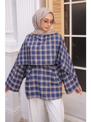 İmaj Butik Lacivert Ekose Desen Bel Bağlamalı Şal Detay Tunik
